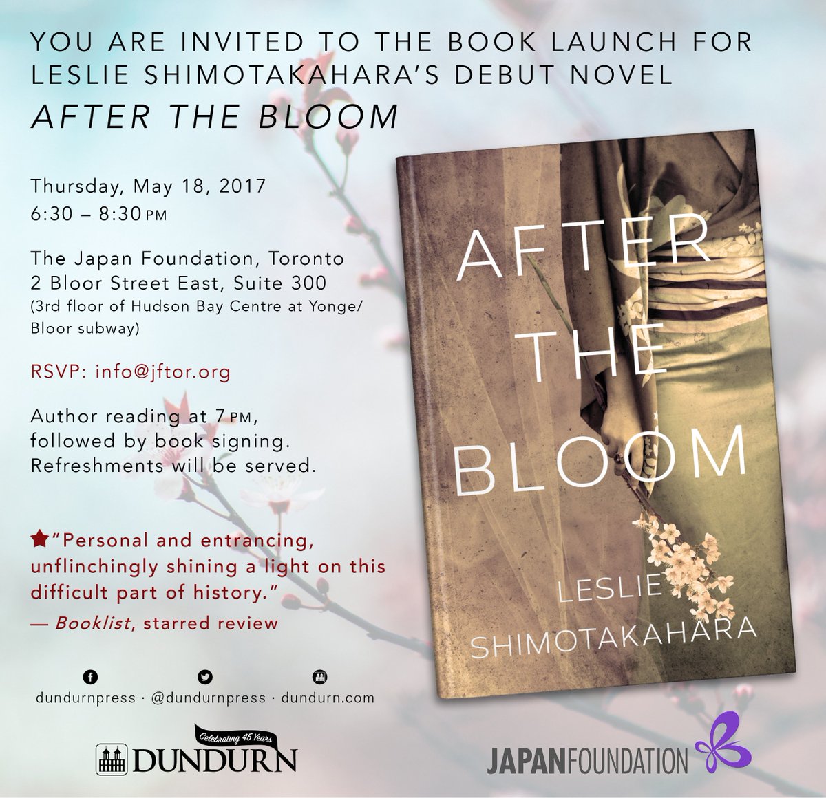 Join <a href="/Ex_Lit_Prof/">Leslie Shimotakahara</a> and <a href="/dundurnpress/">Dundurn Press</a> on May 18 to launch AFTER THE BLOOM! Details in the image below.