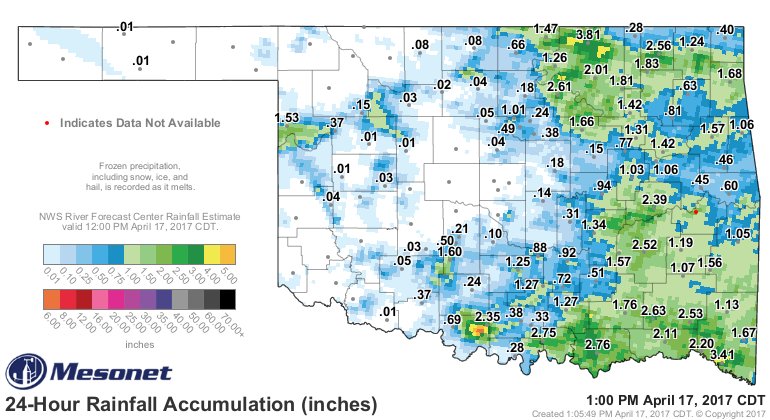 okmesonet's tweet photo. Lots of impressive rain totals over the last day. Top-level impressive? The Madill #okmesonet site measured 0.54'' in 5 minutes! 😲 #okwx https://t.co/Q2ccN6Fvhh