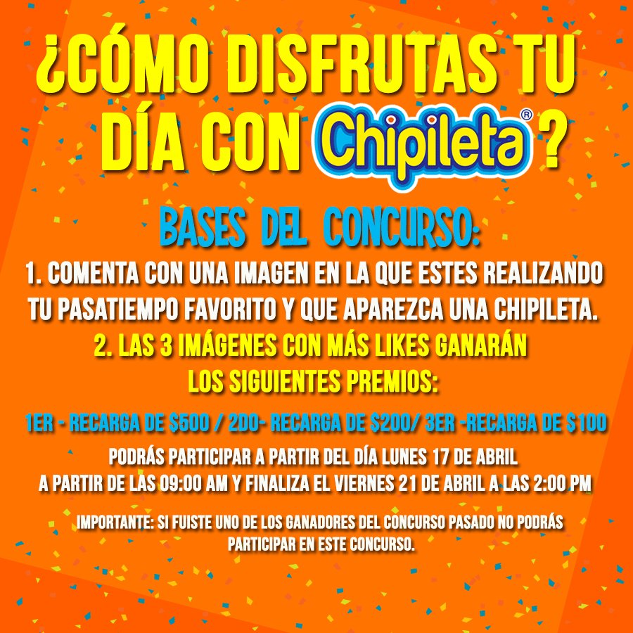 ChipiletaMX's tweet photo. Hoy arrancamos con nuestro segundo #concurso en nuestra página de #FB. #ChipiletaTePremiaEnAbril con #RecargasGratis. https://t.co/HlmHVQ6cFf