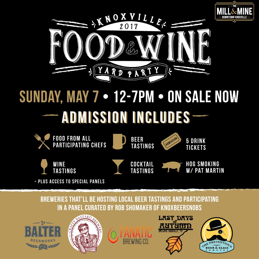 Knoxville Food &amp; Wine Yard Party's breweries: <a href="/CraftyBBrewery/">Crafty Bastard</a> , <a href="/Lastdaysbrewing/">Last Days Brewing</a> , <a href="/BalterBeerworks/">Balter Beerworks</a> , <a href="/FanaticBrewing/">Fanatic Brewing Co.</a> , <a href="/PretentiousGlas/">Matthew Cummings</a>