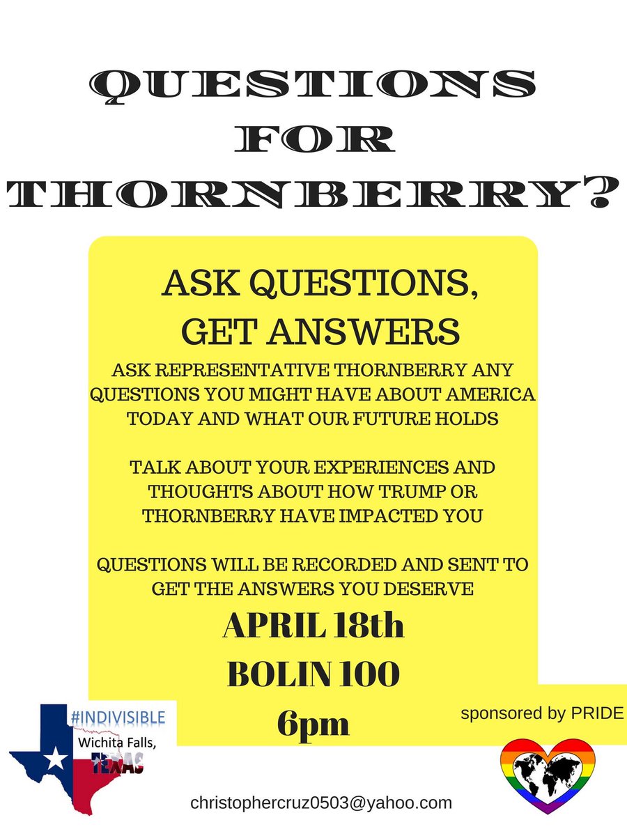 Indivisible_wf's tweet photo. Please join us at our empty chair town hall for @MacTXPress tomorrow #townhallforall #whereismacthornberry #stophidingGOP #standindivisible https://t.co/LF19Ike0NJ