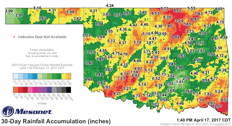 okmesonet's tweet photo. @WeatherMahan @wxjay Hahaha...but cherry picking is fun! The deflector shields haven't been too strong in Norman the last 30 days...or beyond. https://t.co/ogVRr6wJbZ