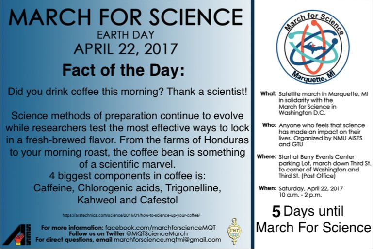 ScienceMarchMQT's tweet photo. 5 DAYS until March for Science! #MarchforScience #Science https://t.co/qEucHk9k4k