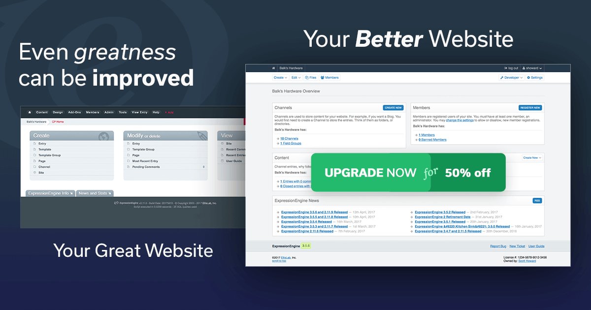 EllisLab's tweet image. Right now you can save 50% off upgrades of ExpressionEngine, including most popular add-ons! #eecms #sale #retirementparty