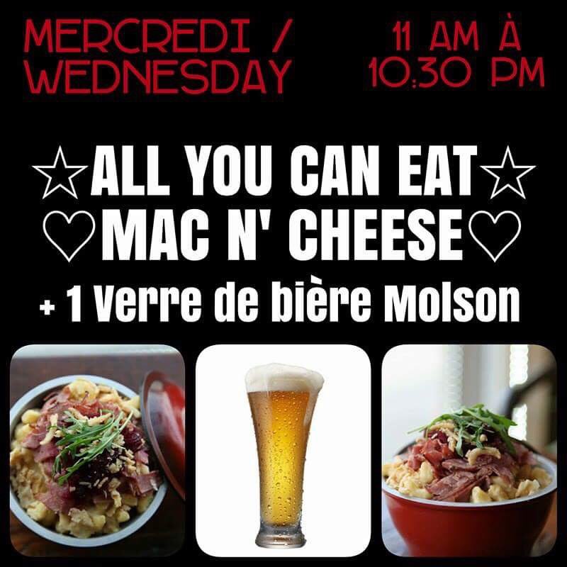 VLADPOUTINEMTL's tweet photo. MERCREDI
ALL YOU CAN EAT MAC N' CHEESE ALL DAY 11:00-10:30pm
JEUDI POUTINE EN FOLIE 
2 POUR 1 TOUTES LES GROSSES POUTINES 5pm-10:30pm https://t.co/ETGgblcq36