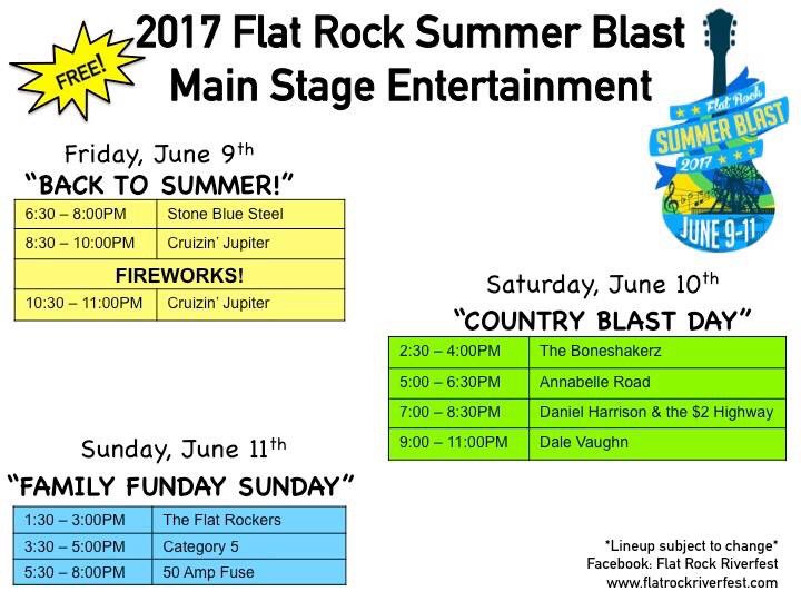 frriverfest's tweet photo. โ๏ธMain stage lineup 2017 Ford Flat Rock Summer Blast! #flatrockmi #flatrocksummerblast #michiganfestivals #puremichigan #michigan #downriver https://t.co/uxnfaVymv1