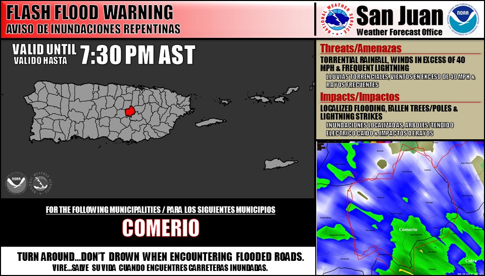 NWSSanJuan's tweet photo. Flash Flood Warning. Aviso de Inundaciones Repentinas. Until/Hasta…7:30 PM AST. #prwx #ComerioPR https://t.co/hJ0ZesHUDi