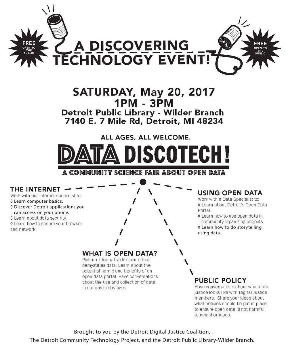DetCommTech's tweet photo. Join us for our next Data DiscoTech on May 20th at the Detroit Public Library - Wilder Branch 7140 E. 7 Mile Rd, Det, MI
#DataDiscoTech https://t.co/BEOil1cV54