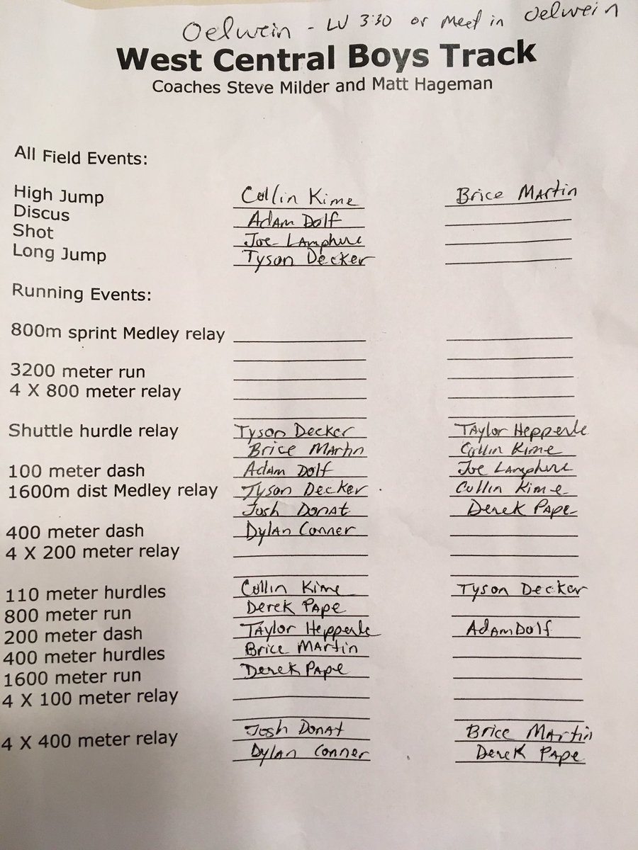 WCTrackProgram's tweet photo. Order of events for the meet at Oelwein tonight! https://t.co/hX0obdng3g