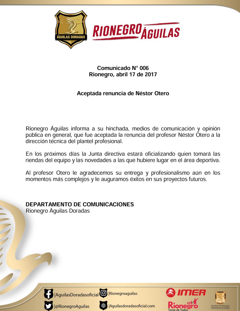 Néstor Otero deja la dirección técnica de Rionegro Águilas
