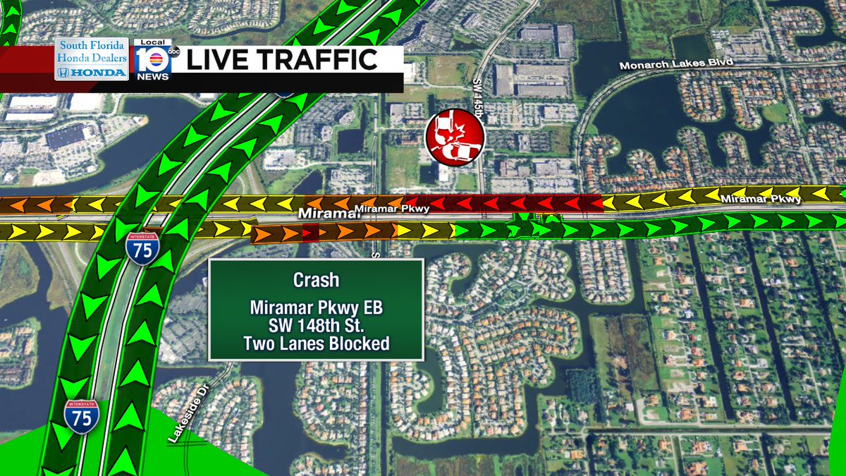CRASH: Miramar Pkwy EB & SW 148th St. Two lanes are blocked. #TRAFFIC https://t.co/8IIR8B4gMe