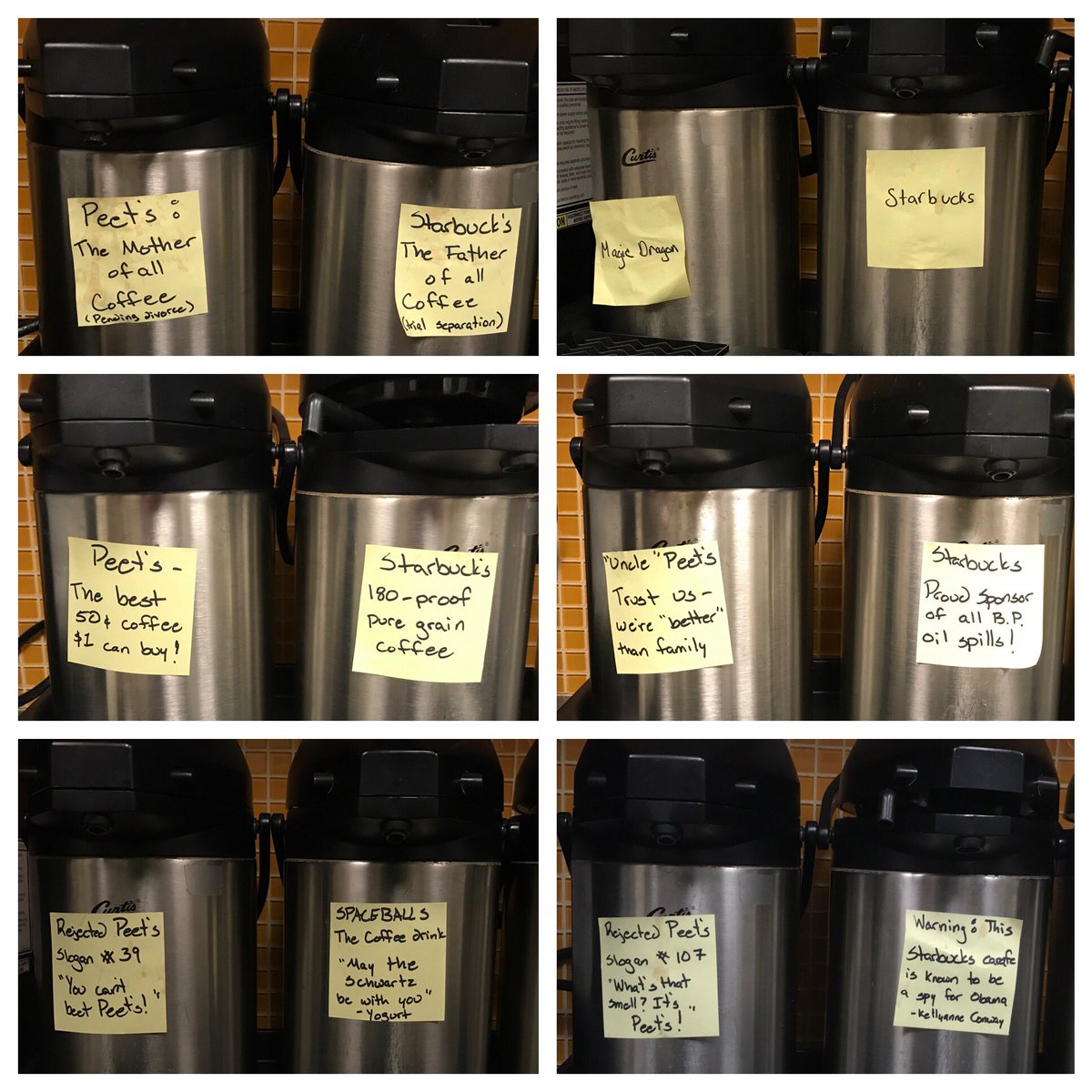 Shedonttalkback's tweet photo. Love these notes that someone at work on the coffee carafes! Coffee &amp; smiles! #servicenow #lifeatnow #coffee https://t.co/xhD8yk8QiT