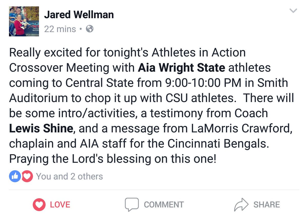 LewisShine's tweet photo. EXCITED to Speak and share my testimony tonight at the @AthletesInAction gathering here at @CentralState87 tonight at 9pm! #AIA #Testimomy https://t.co/Hd860hKcSR