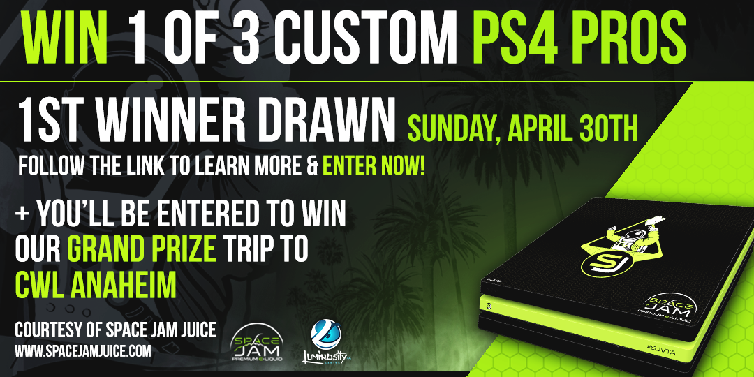 Luminosity's tweet photo. Enter below to win a custom PS4 Pro and our Grand Prize Trip, thanks to @SpaceJamEJuice!

#GameWithSJ

https://t.co/Ak4Ld2RGF9 https://t.co/IqTqX1ToDu