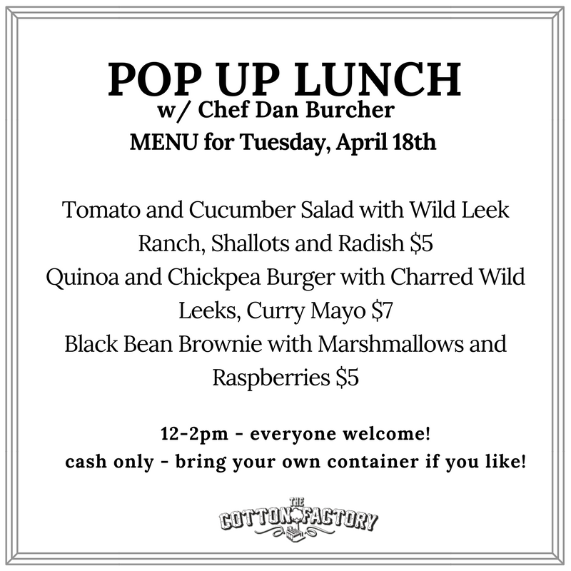 CottonFactoryCA's tweet photo. Chef @danburcher is back at it for Tuesday Pop Up Lunch! 12-2pm, everyone is welcome! #HamOnt #Foodie https://t.co/YVnO56TqtV