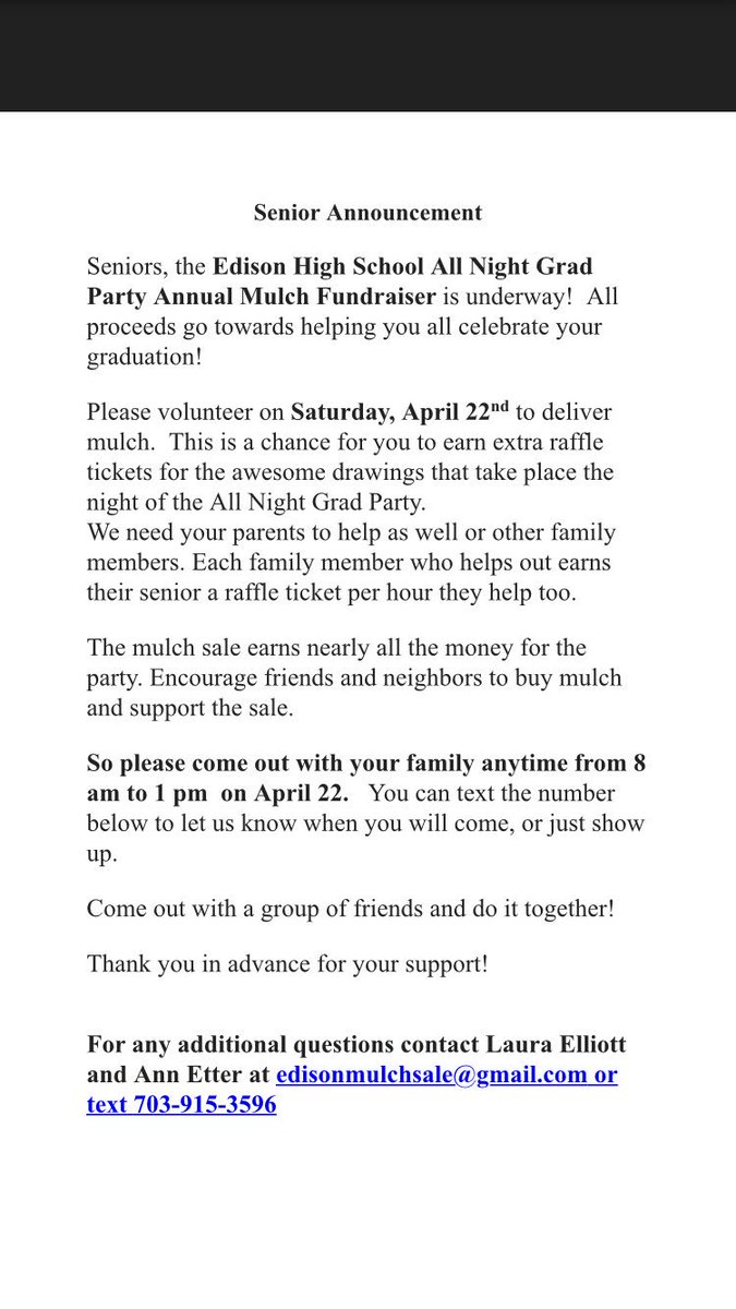 SENIORS‼️Come volunteer for the mulch sale this weekend!!! We need volunteers between 12-2 and 2-4!!! This benefits YOU! Please help out!