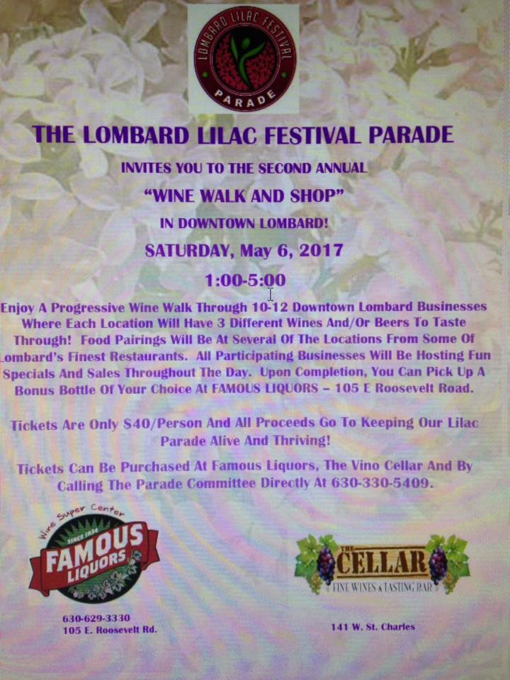 Join us for the 2nd Annual Wine Walk and Shop event on Saturday, May 6 in Downtown Lombard. Tickets are only $40 each #winewalkLilacParade