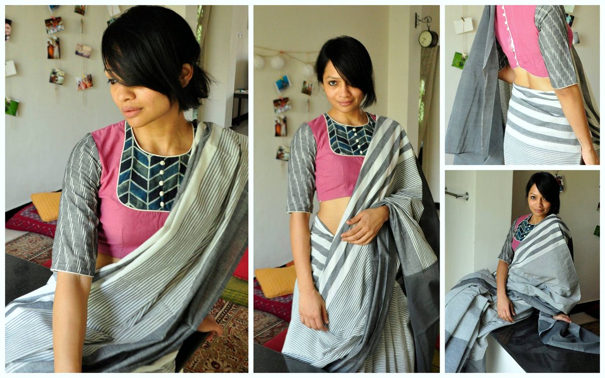 PATCHWORKED BLOUSE 02
Mauve pink cotton blouse with ajrak printed patchwork and grey ikat sleeve with button detailing at the back. This is teamed with grey cotton sari with off-white stripes.
Price upon request (ONLY via emails).
The blouse is available in sizes - 32 34 36 28 40 42 and 44.
To order this blouse/sari and for other purchase related queries kindly mail at bhangthestore@gmail.com Orders for customising this blouse can be placed only until stock lasts.