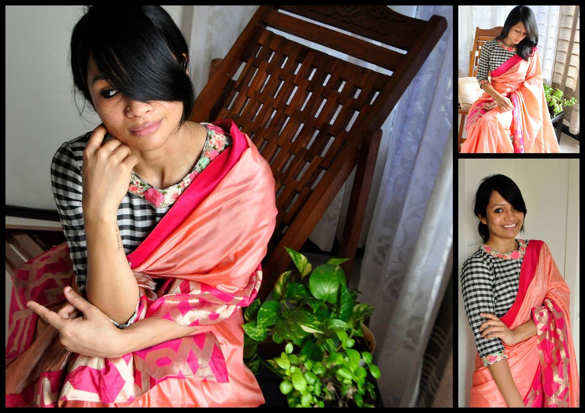 CHECKS FLORAL
Black and white checked chanderi silk blouse cotton blouse with floral border work on the neck and sleeve. This is teamed with peach pure silk sari with Banarasi border and a thin pink raw silk border at the top
Price upon request (ONLY via emails).
The blouse is available in sizes - 32 34 36 28 40 42 and 44.
To order this blouse/sari and for other purchase related queries kindly mail at bhangthestore@gmail.com Orders for customising this blouse can be placed only until stock lasts.