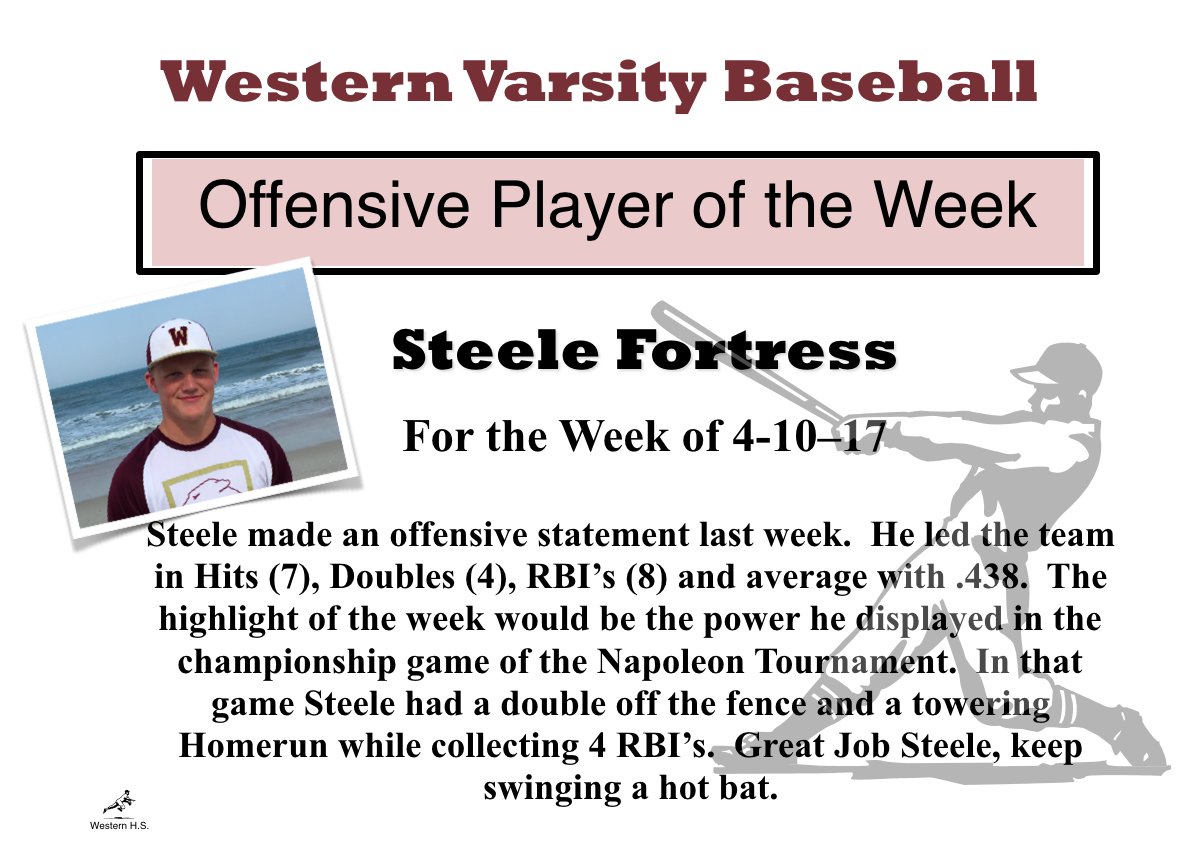western_ball's tweet photo. Congrats to @s4tress for being named the Offensive Player of the Week #WHS_baseball https://t.co/2akv0FcFh4