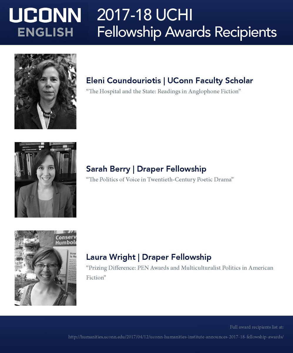 Congratulations Eleni Coundouriotis, Sarah Berry, &amp; Laura Wright, 2017-18 <a href="/UCHI_UConn/">UConn Humanities</a> Residential Faculty &amp; Dissertation Award recipients!
