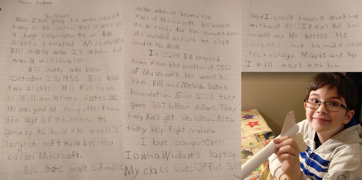 Scornie's tweet photo. Noah(7) working hard w/3 ocular issues spent 30 hrs on #inspirational bio of @BillGates #determined #Lovestech #STEM #Microsoft #enjoy https://t.co/qIU21quwbu