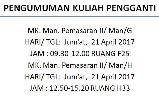 #PENGUMUMAN_KULIAH_PENGGANTI MATA KULIAH MANAJEMEN PEMASARAN II, DOSEN PENGAMPU : IBU VERA DESY N