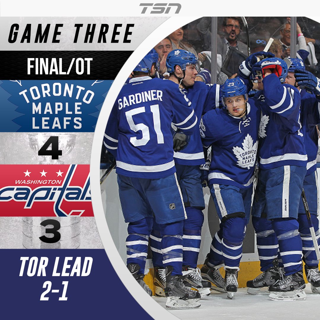 TSN_Sports's tweet photo. The Leafs edge the Capitals 4-3 in overtime to take a 2-1 series lead. It's their first playoff win at home in nearly four years. https://t.co/jH8fSMO9x6