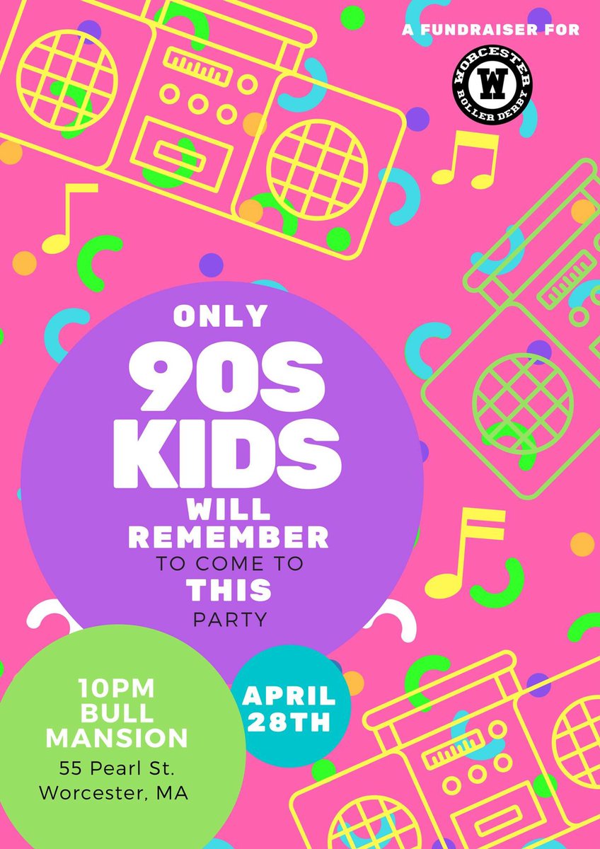 WorcesterRD's tweet photo. Y'all ready for this?! #worcesterrollerderby is hosting a nineties party on April 28th! #worcester #thingstodoinworcester #90sparty https://t.co/I6KPztP9bc