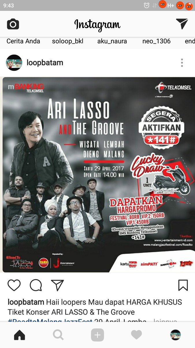 LoopBatam's tweet photo. HARGA KHUSUS Tiket Konser ARILASSOTheGroove#RoadtoMalangJazzFest 29 April, Lembah Dieng Malang dengan pembelian via SMS BANKING *141# https://t.co/fxYK71F1px