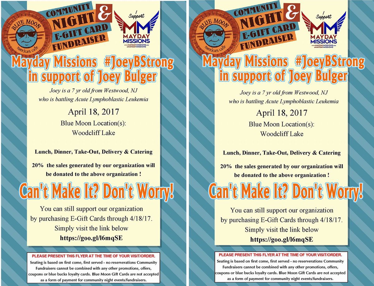 MaydayMissions's tweet photo. On April 18th present your @MaydayMissions flyer @BlueMoonMexCafe. Each flyer donates 20% to #JoeyBStrong! https://t.co/0fnaBQeyO6 https://t.co/erlKYgYnzA