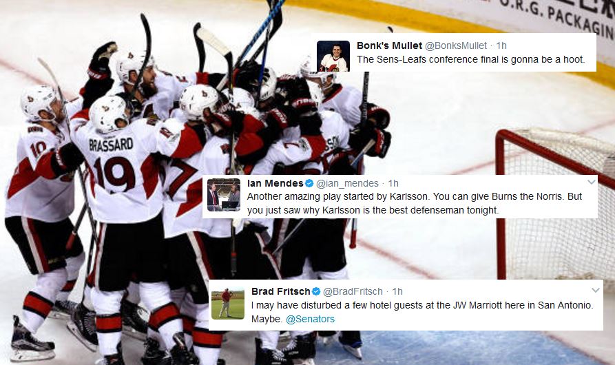 BarDown's tweet image. .@Senators fans are ecstatic after thrilling overtime win gives Ottawa 2-1 series lead. MORE @ bardown.com/senators-fans-…