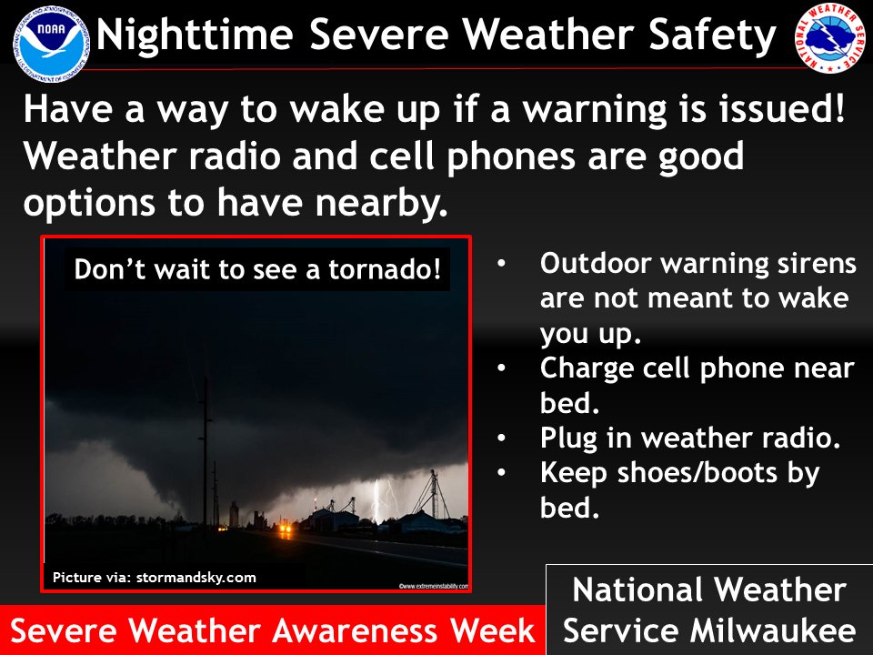 NWSMilwaukee's tweet image. One of the more dangerous times to have severe weather is at night while you sleep.  Have a way to wake up if a warning is issued!