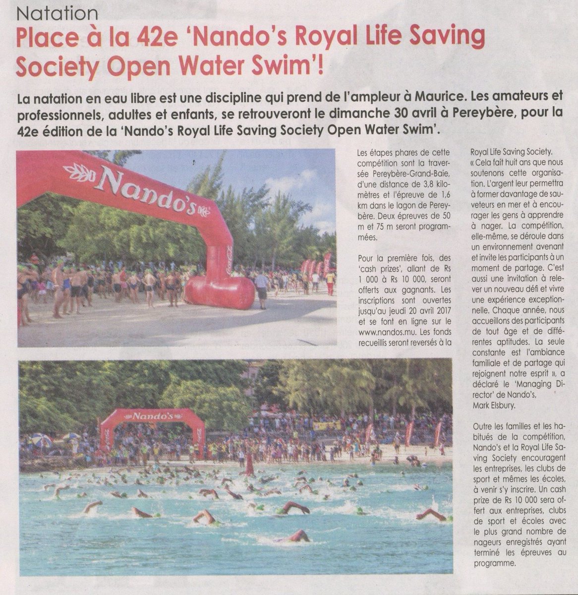 NandosMauritius's tweet photo. 42nd edition of the Nando's Royal Life Saving Society Open Water Swim | Sunday April 30 in Pereybere. Registration Closes: 20 April 2017 https://t.co/KR7o3o7VCG