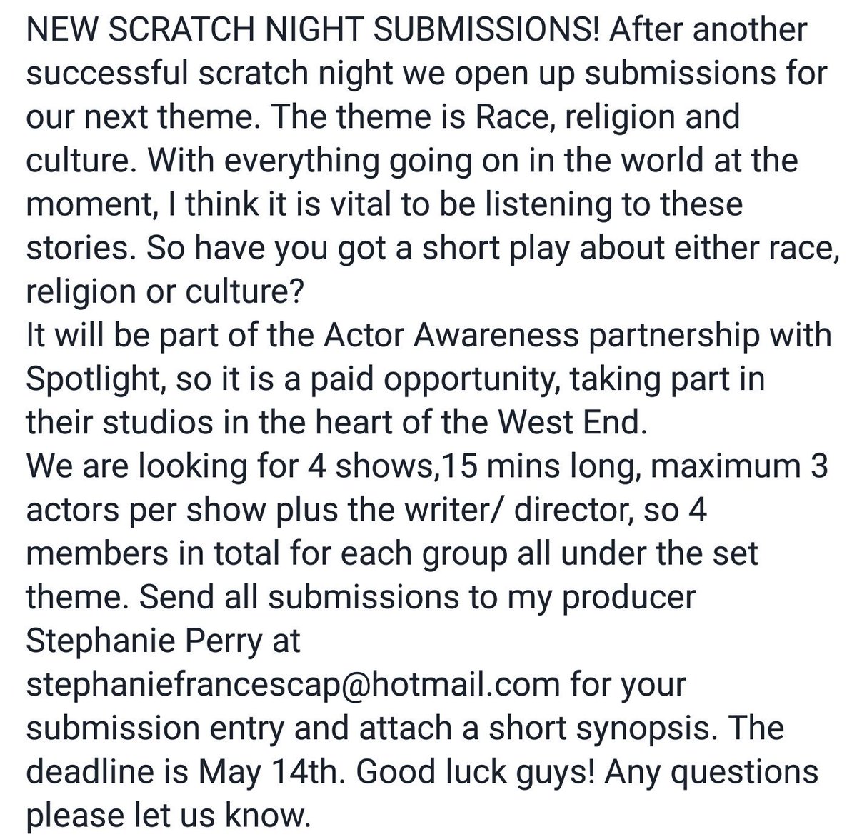NEW SCRATCH NIGHT THEME! So submissions for our next scratch night at <a href="/SpotlightUK/">Spotlight</a> are now open. The theme is Race, religion and culture.