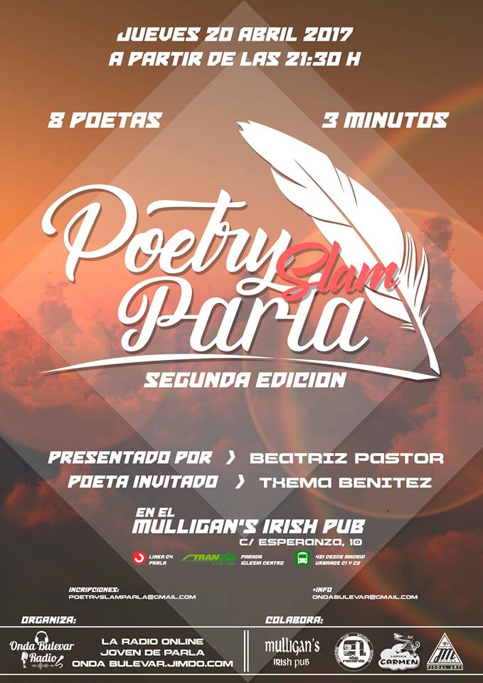 Apúntate a la segunda edición del #PoetrySlam de <a href="/OndaBulevaRadio/">Onda Bulevar</a> el jueves #20deabril en <a href="/MulligansParla/">Mulligan's Parla</a> #Parla 

ondabulevar.jimdo.com/poetry-slam/ba…