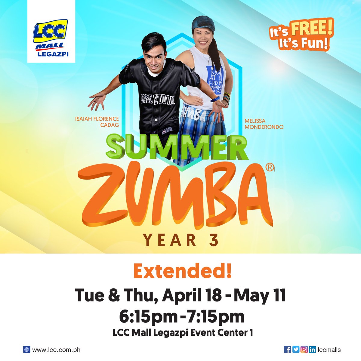 lccmalls's tweet photo. LCC Mall Legazpi #Free #Zumba is extended! every Tuesdays and Thursdays of the month 6:15 to 7:15pm till May 11, 2017. #LCCMalls https://t.co/tcLQahRCF2