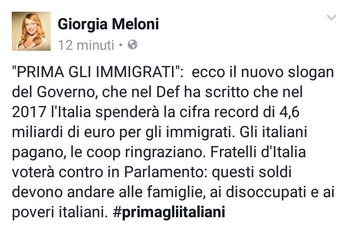 GiorgiaMeloni's tweet photo. "Prima gli #immigrati": ecco il nuovo slogan del Governo #Gentiloni. @FratellidItaIia voterà in #Parlamento contro il #DEF ST https://t.co/gr7e6gVyDv