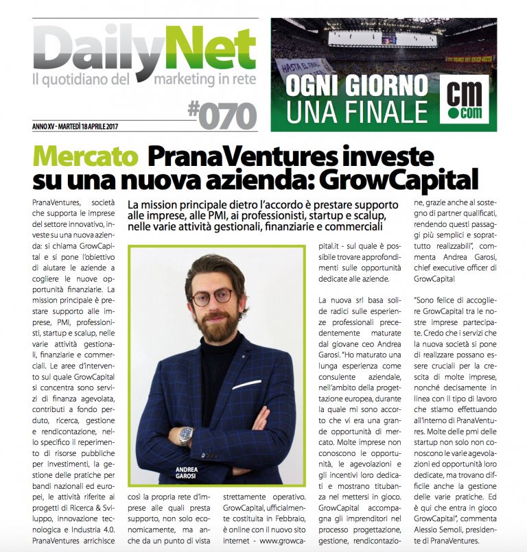 Prana_Ventures's tweet image. #GrowCapital, la nostra nuova impresa partecipata oggi su #DailyNet. #PranaVentures #business #company #startup #pmi