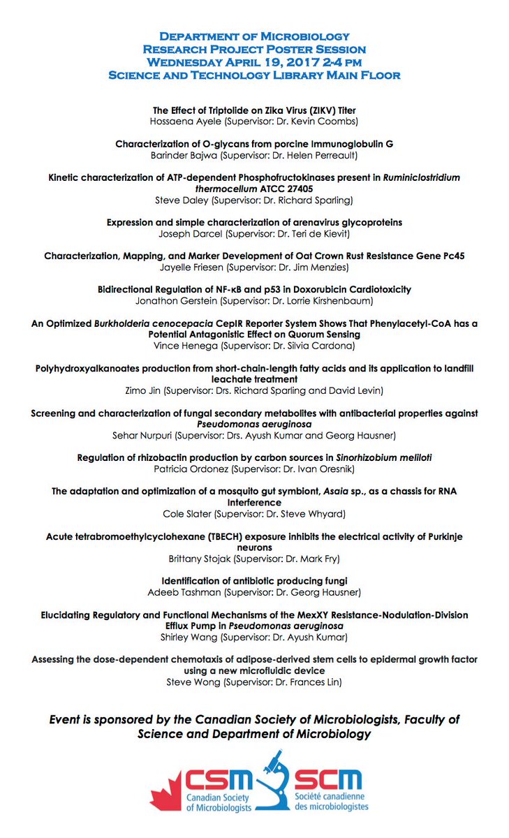 umanitobasci's tweet photo. Tomorrow! Come by to the @MBMicrobiology honours poster presentation in the Sciences and Technology Library! #umanitoba #umanitobasci https://t.co/8A4DLvApEg