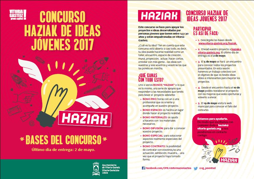 Los premios del concurso son BONOS HAZIAK: bono pro, bono espacio, bono materiales, … ¿qué necesitáis? bit.ly/1dK4i35 #haziak😉