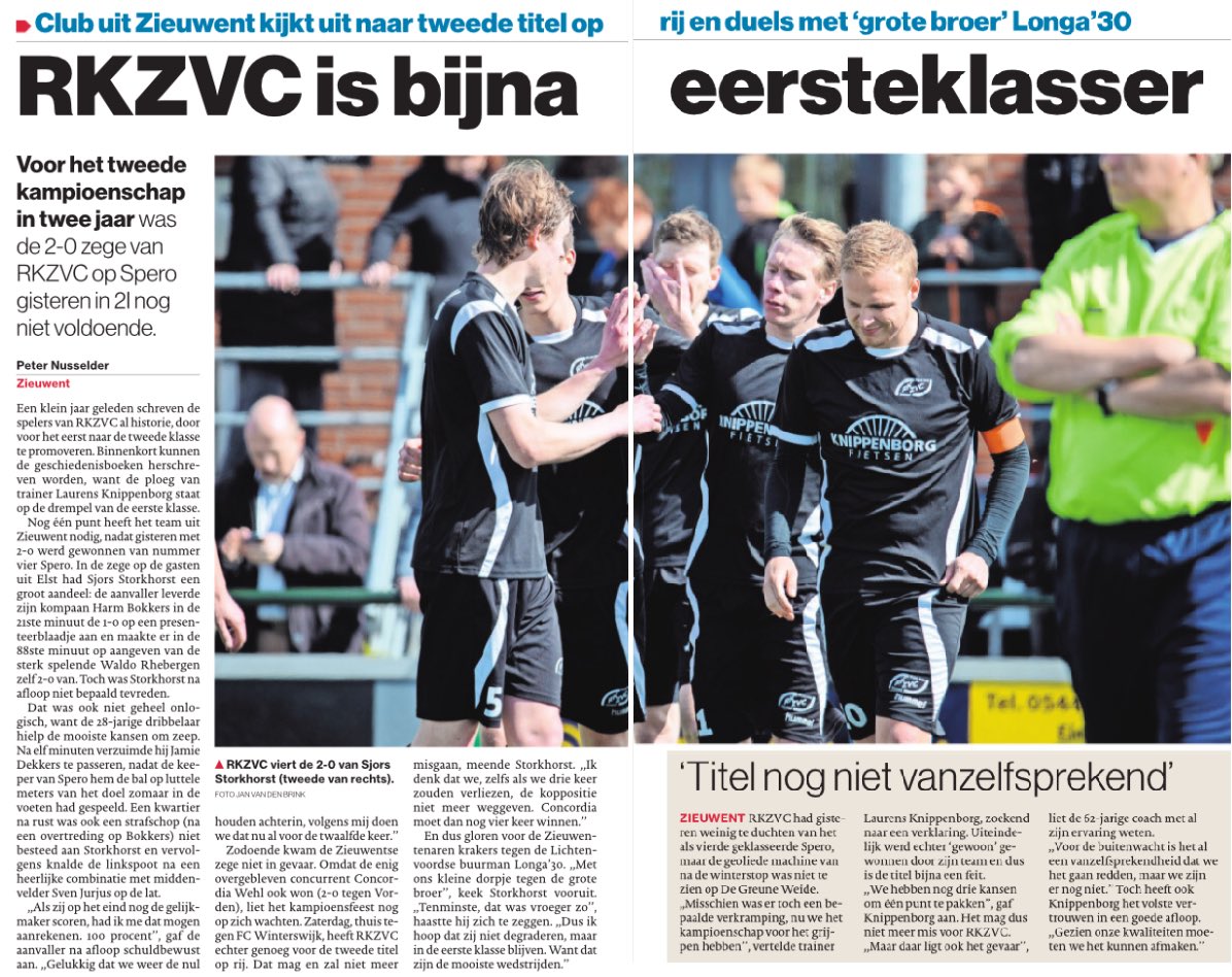 Zaterdag kan het zover zijn voor <a href="/RKZVC/">RKZVC</a> na de 2-0 overwinning op Spero van gisteren: promotie naar de eerste klasse. #zvcspe #dg