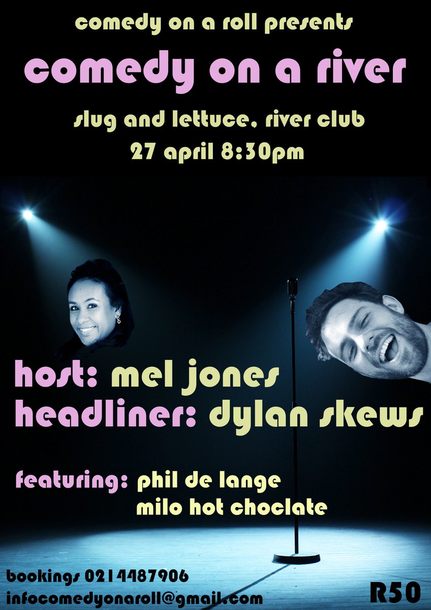 ComedyOnARoll's tweet image. Our next edition of Comedy On A River features @MelJonesComic @dylanskews @TakeYourPhil and Milo Hot Chocolate! Thurs 27 April! R50.