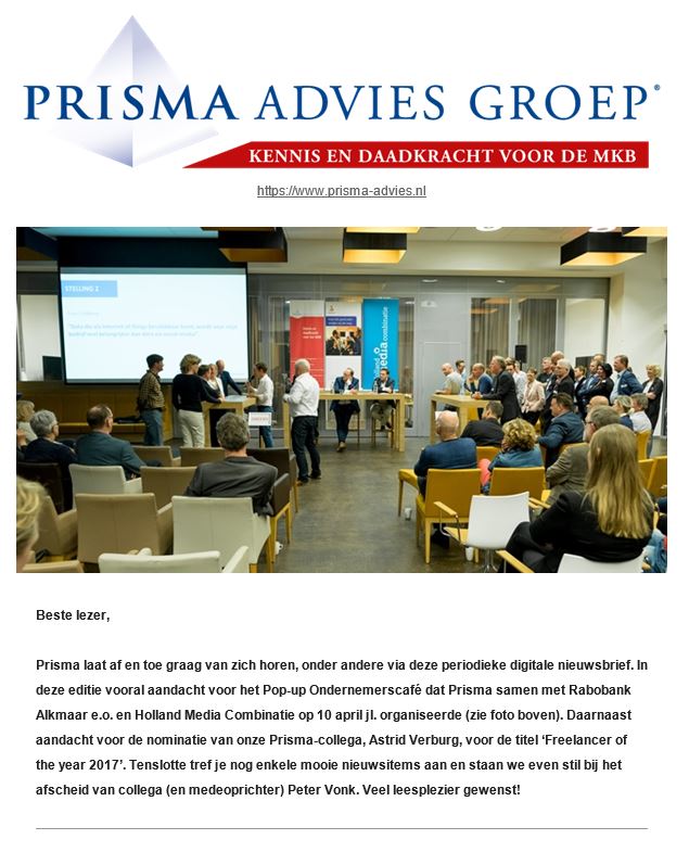 De PRISMA-NIEUWSBRIEF (editie april 2017) is weer verschenen met diverse onderwerpen mbt het #MKB in Noord-Holland. bit.ly/Prisma_04_2017