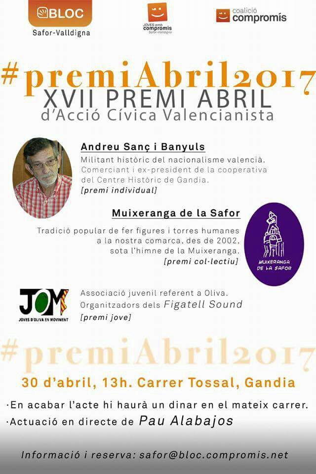 #PremiAbril2017 BLOC Safor-Valldigna: Andreu Sanç, Muixeranga de la Safor i  JOM. 30 abril a Gandia 13h. Lliurament, dinar i <a href="/PauAlabajos/">Pau Alabajos</a>