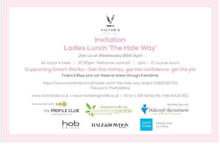 RT:We are delighted to be part of this ladies luncheon support SMART WORKS join us@HaleandBowdon <a href="/BeautyRulesHale/">Beauty Rules</a>