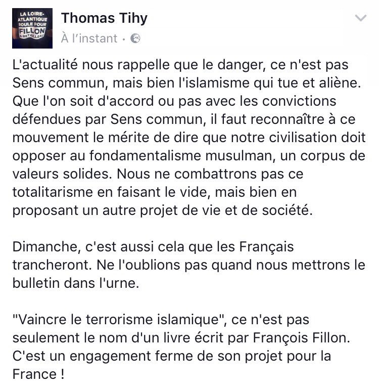 L'actualité nous rappelle que le danger, ce n'est pas #SensCommun, mais bien l'islamisme qui tue et aliène.

#Fillon2017 #FillonPresident