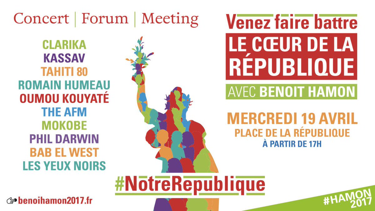 Rendez-vous demain 19 avril pour notre rassemblement #NotreRepublique à Paris à partir de 17h! 👉Pour vous inscrire benoithamon2017.fr/inscription-au…