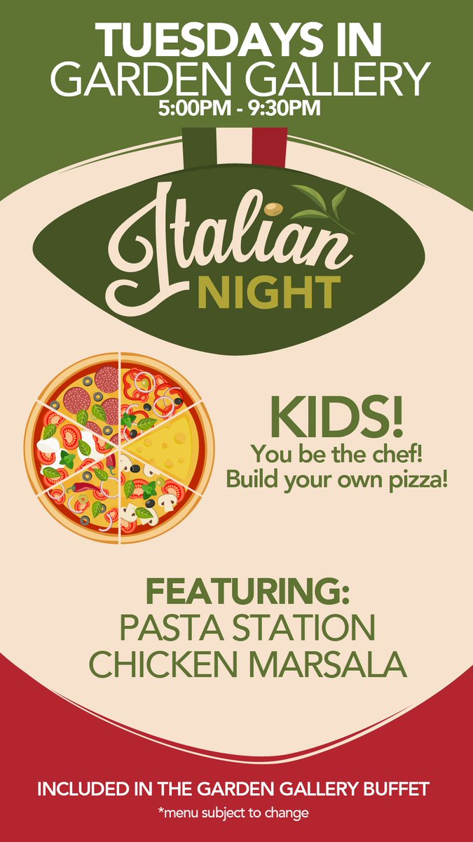 It's Italian Night in Garden Gallery! Kids can be the chef and make their own Pizza!