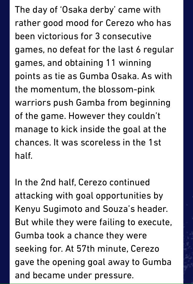 CFOfan's tweet photo. A snippet from the English match report from Sunday's Kansai Derby just published on the Cerezo website.(vs Gumba). https://t.co/dKw52LUwee